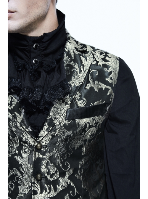 Black And Silver Printed Jacquard Button Gothic Waistcoat