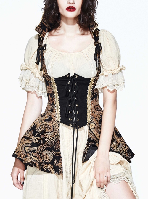 Brown Paisley Print Jacquard Bare Breast Lace-Up Gothic Corset