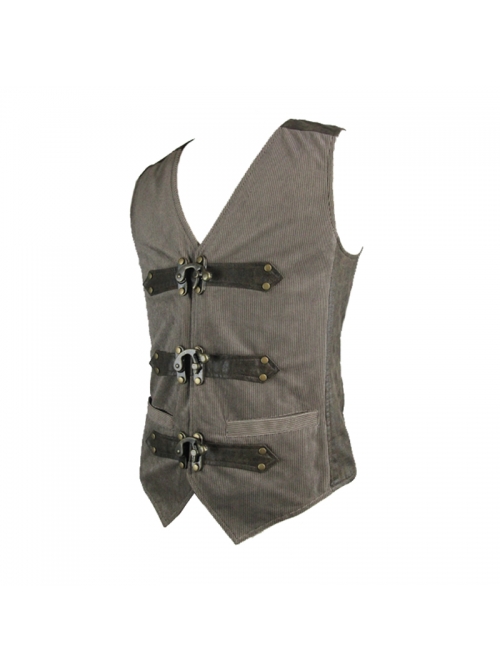 Brown Striped Bronzing Retro Bags Clasp Back Waist Loops Punk Waistcoat