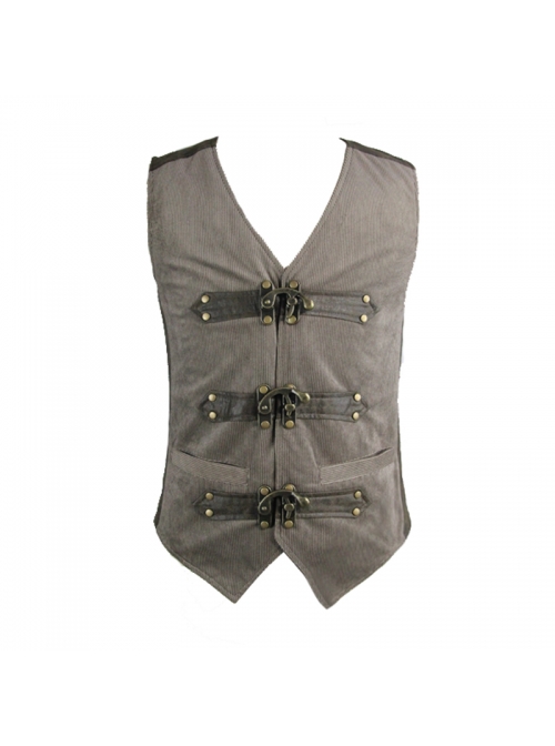 Brown Striped Bronzing Retro Bags Clasp Back Waist Loops Punk Waistcoat