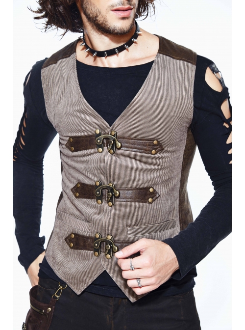 Brown Striped Bronzing Retro Bags Clasp Back Waist Loops Punk Waistcoat