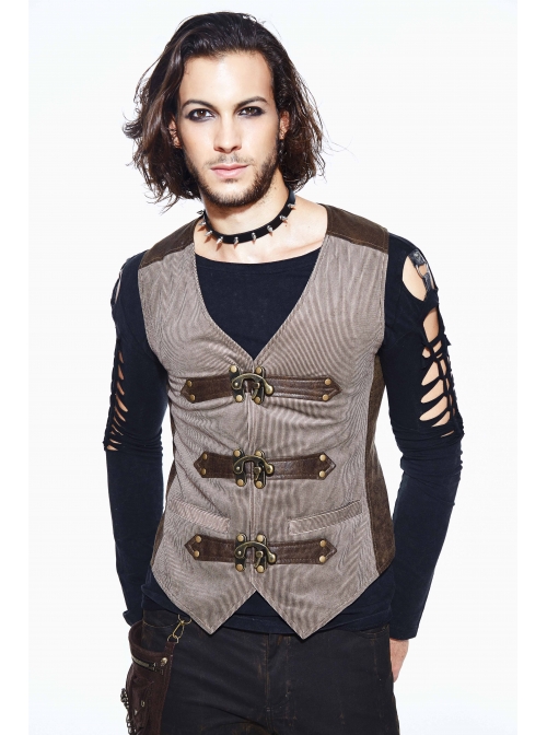 Brown Striped Bronzing Retro Bags Clasp Back Waist Loops Punk Waistcoat