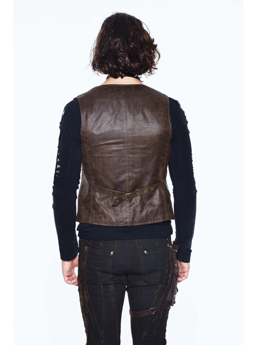 Brown Striped Bronzing Retro Bags Clasp Back Waist Loops Punk Waistcoat