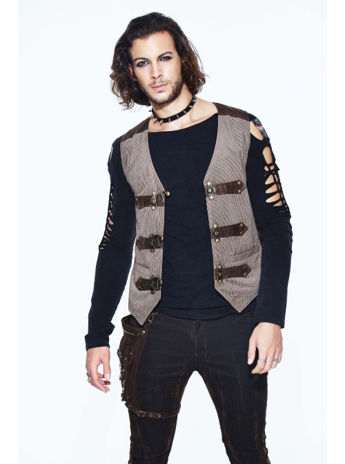Brown Striped Bronzing Retro Bags Clasp Back Waist Loops Punk Waistcoat