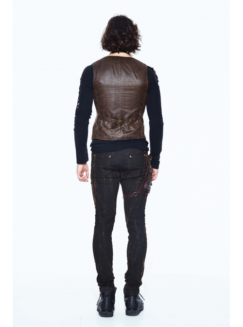 Brown Striped Bronzing Retro Bags Clasp Back Waist Loops Punk Waistcoat