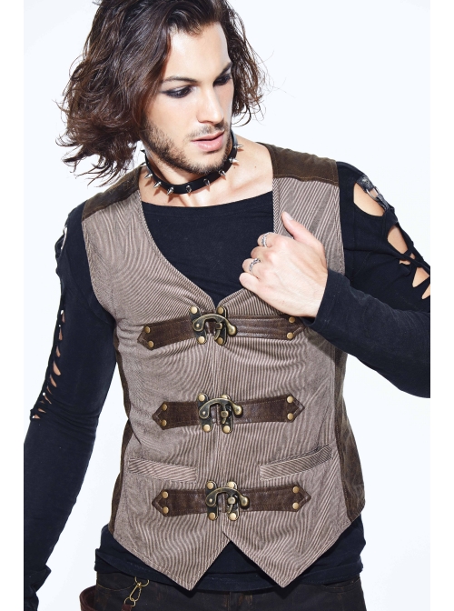 Brown Striped Bronzing Retro Bags Clasp Back Waist Loops Punk Waistcoat