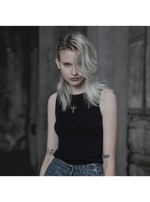 Steam Punk Female Elastic Black Cross Hollow Knitted Vest
