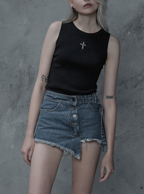 Steam Punk Female Elastic Black Cross Hollow Knitted Vest
