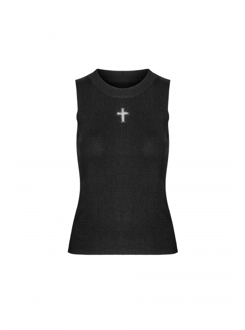 Steam Punk Female Elastic Black Cross Hollow Knitted Vest