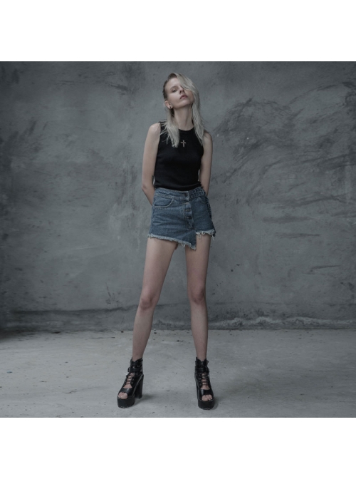 Steam Punk Female Elastic Black Cross Hollow Knitted Vest