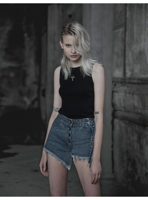 Steam Punk Female Elastic Black Cross Hollow Knitted Vest
