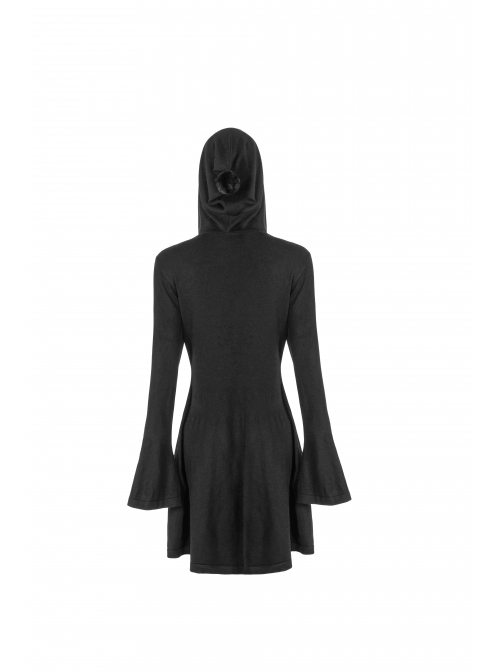 Gothic Witch Black Soft Woolen Hooded Dress