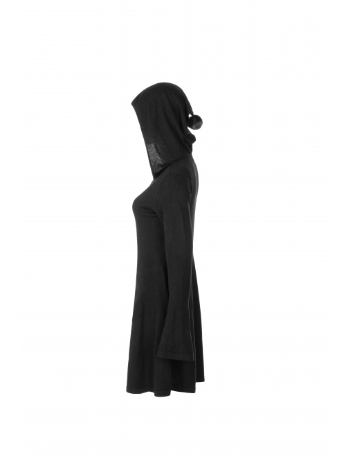 Gothic Witch Black Soft Woolen Hooded Dress