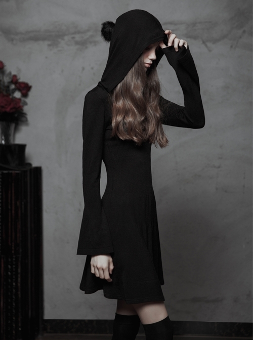 Gothic Witch Black Soft Woolen Hooded Dress