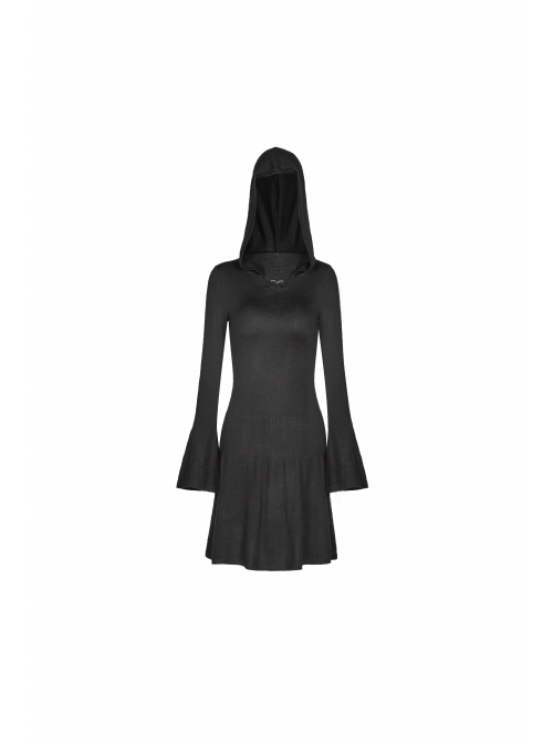Gothic Witch Black Soft Woolen Hooded Dress