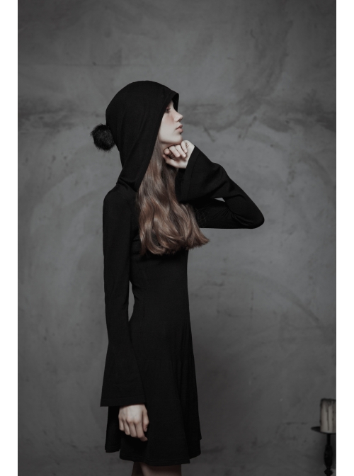 Gothic Witch Black Soft Woolen Hooded Dress