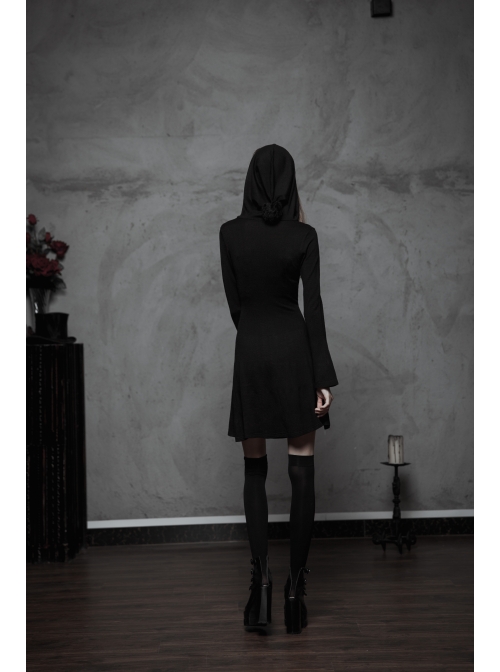 Gothic Witch Black Soft Woolen Hooded Dress