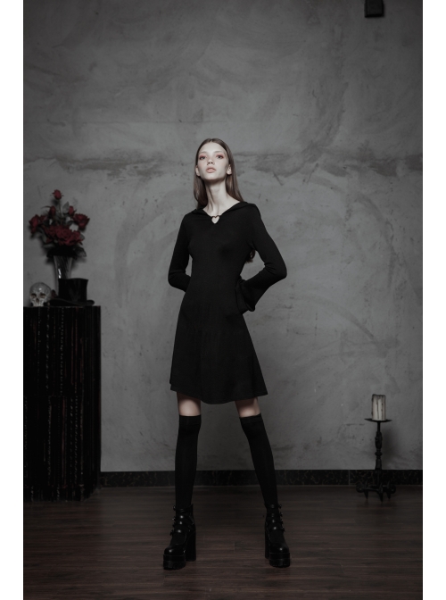 Gothic Witch Black Soft Woolen Hooded Dress