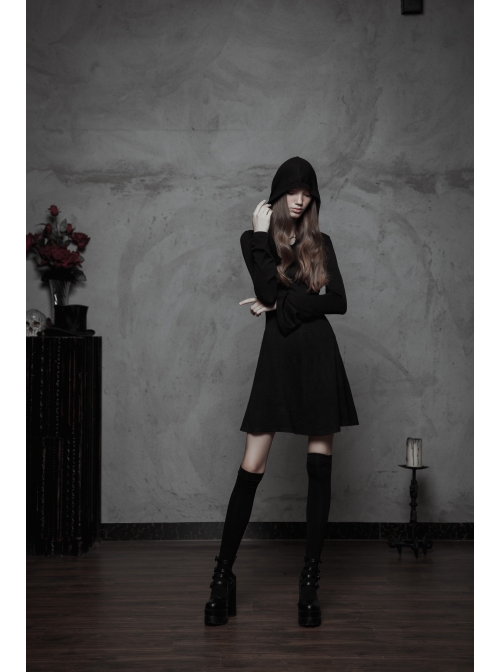 Gothic Witch Black Soft Woolen Hooded Dress