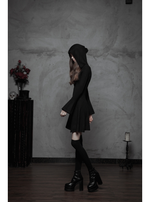 Gothic Witch Black Soft Woolen Hooded Dress