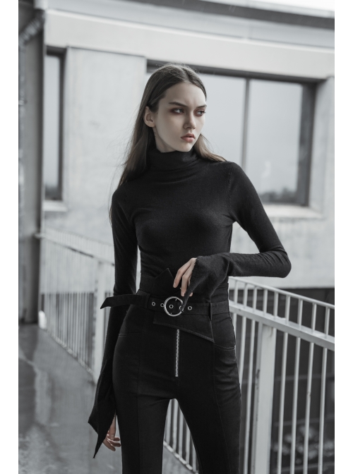 Steam Punk Female Woolen High Collar Irregular Hem Pullover Sweater