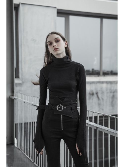 Steam Punk Female Woolen High Collar Irregular Hem Pullover Sweater