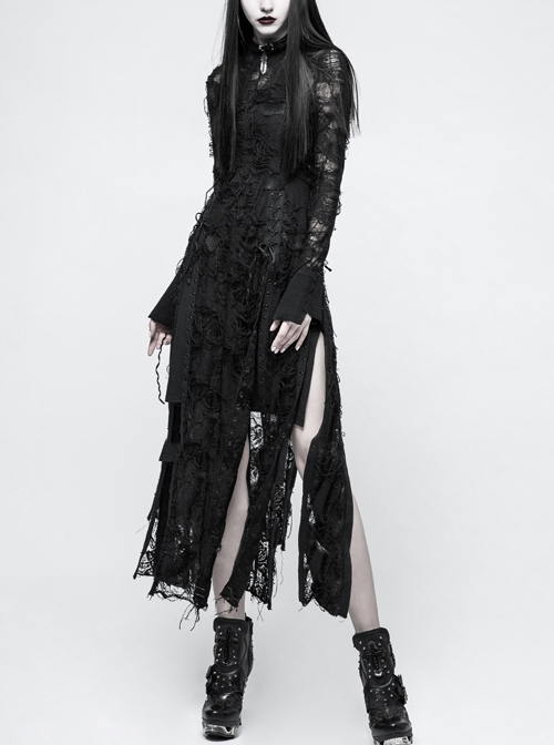 Gothic Female Retro Black Rose Lace-up Mesh Dress