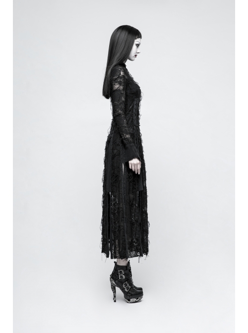 Gothic Female Retro Black Rose Lace-up Mesh Dress