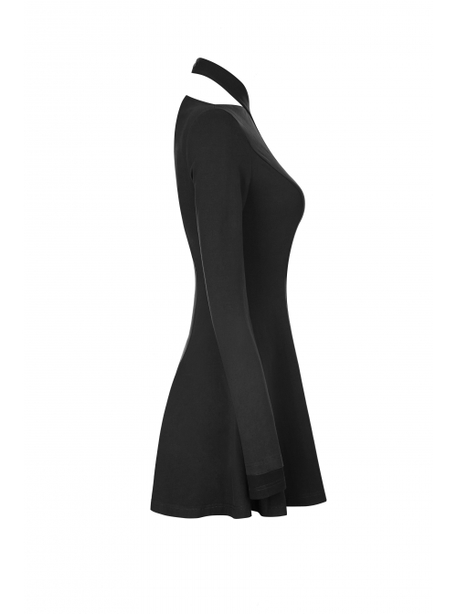 Gothic Female Black Cross Hollow Long Sleeve Elastic Elegant Dress