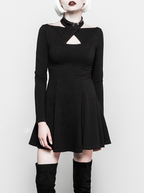 Gothic Female Black Cross Hollow Long Sleeve Elastic Elegant Dress