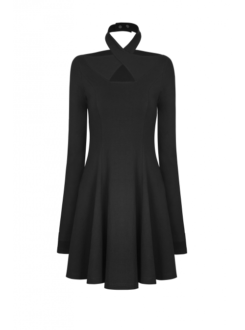 Gothic Female Black Cross Hollow Long Sleeve Elastic Elegant Dress