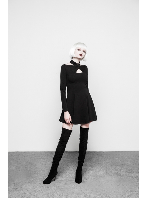 Gothic Female Black Cross Hollow Long Sleeve Elastic Elegant Dress