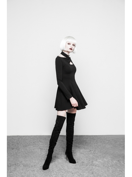Gothic Female Black Cross Hollow Long Sleeve Elastic Elegant Dress
