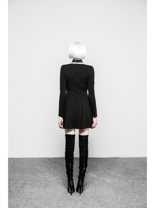 Gothic Female Black Cross Hollow Long Sleeve Elastic Elegant Dress