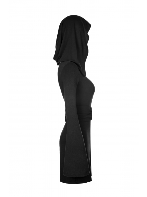 Gothic Witch Black Elastic Hooded Metal Belt Dress