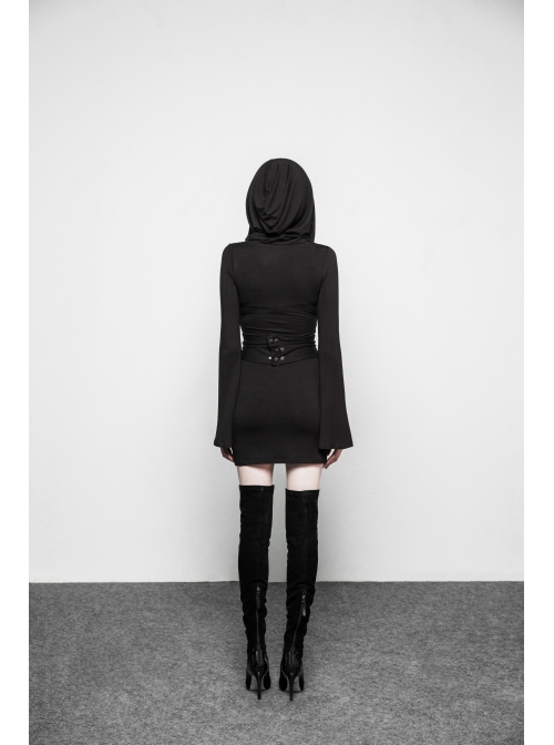 Gothic Witch Black Elastic Hooded Metal Belt Dress