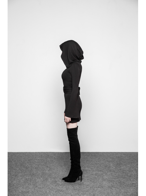 Gothic Witch Black Elastic Hooded Metal Belt Dress