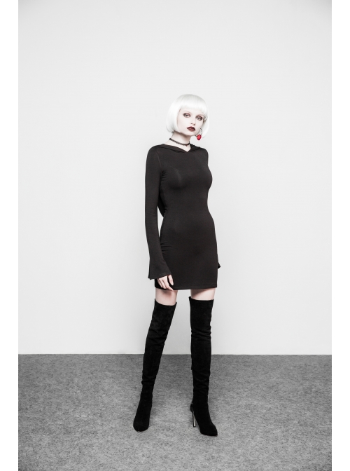 Gothic Witch Black Elastic Hooded Metal Belt Dress