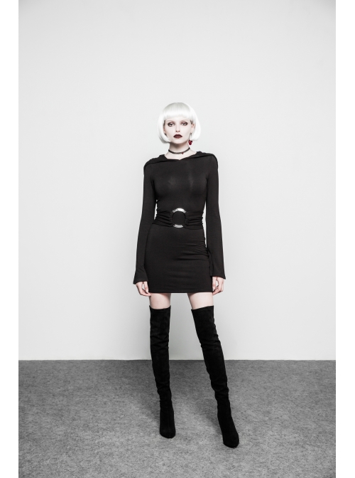 Gothic Witch Black Elastic Hooded Metal Belt Dress