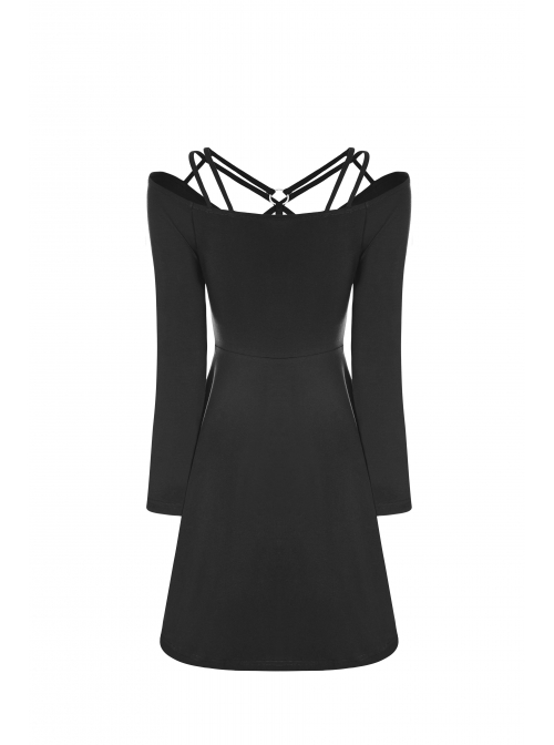 Gothic Female Black Elastic Strap Binding Close Fitting Dress
