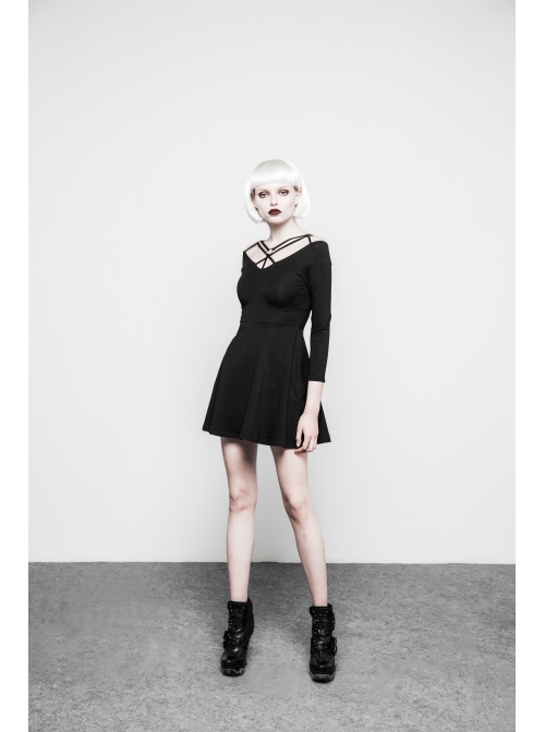 Gothic Female Black Elastic Strap Binding Close Fitting Dress