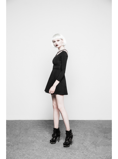 Gothic Female Black Elastic Strap Binding Close Fitting Dress