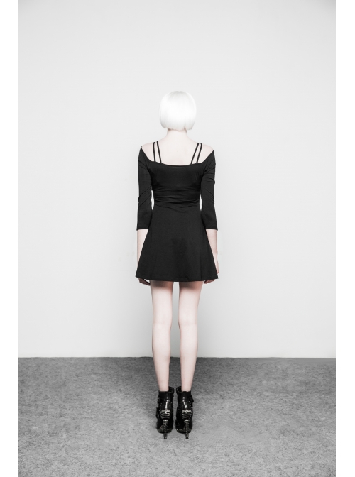 Gothic Female Black Elastic Strap Binding Close Fitting Dress