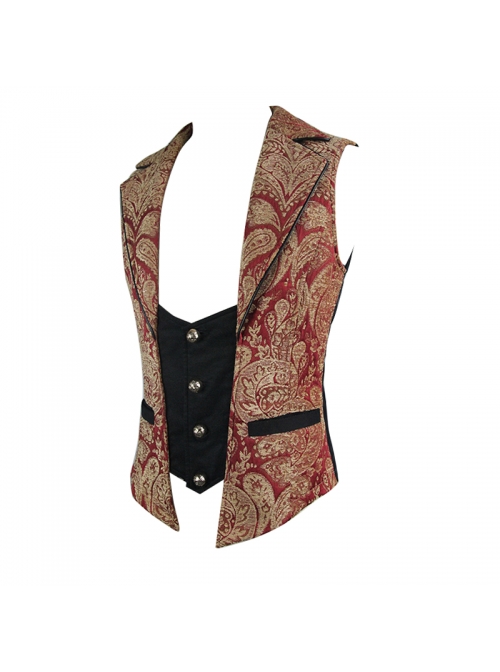Golden Hand Sew Buttons Back Loop Fake Two Pieces Brown Gothic Jacquard Waistcoat