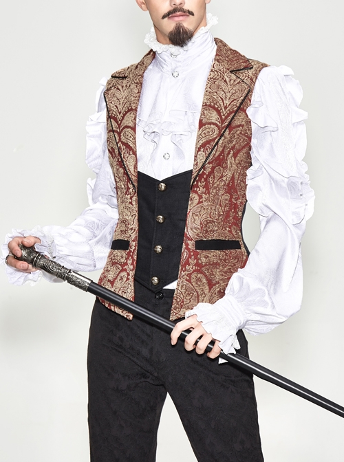 Golden Hand Sew Buttons Back Loop Fake Two Pieces Brown Gothic Jacquard Waistcoat