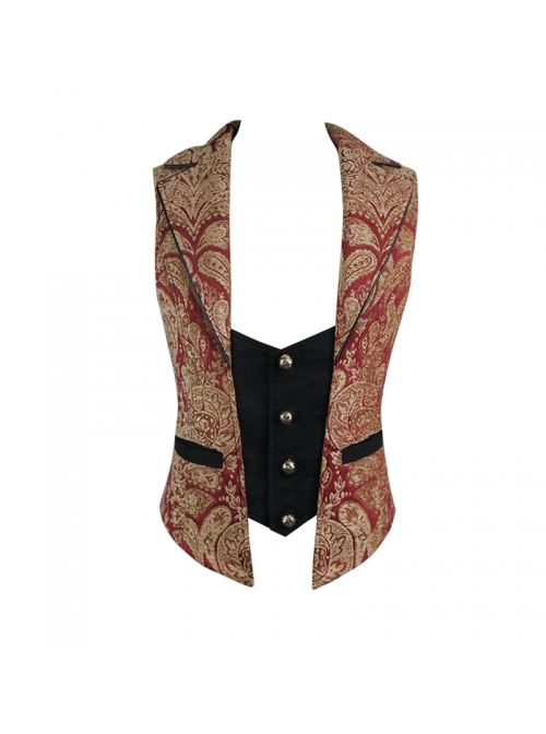 Golden Hand Sew Buttons Back Loop Fake Two Pieces Brown Gothic Jacquard Waistcoat
