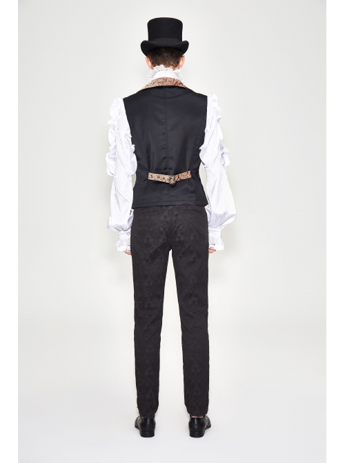 Golden Hand Sew Buttons Back Loop Fake Two Pieces Brown Gothic Jacquard Waistcoat