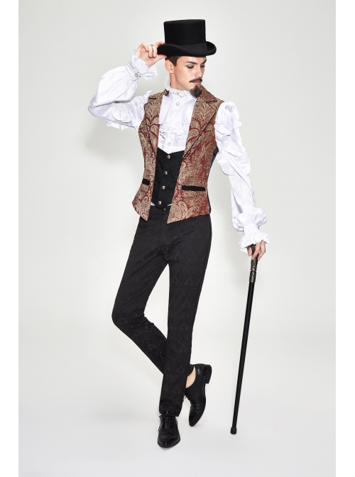 Golden Hand Sew Buttons Back Loop Fake Two Pieces Brown Gothic Jacquard Waistcoat