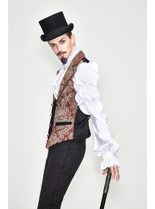 Golden Hand Sew Buttons Back Loop Fake Two Pieces Brown Gothic Jacquard Waistcoat