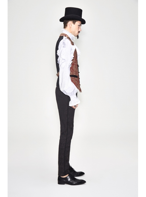 Golden Hand Sew Buttons Back Loop Fake Two Pieces Brown Gothic Jacquard Waistcoat
